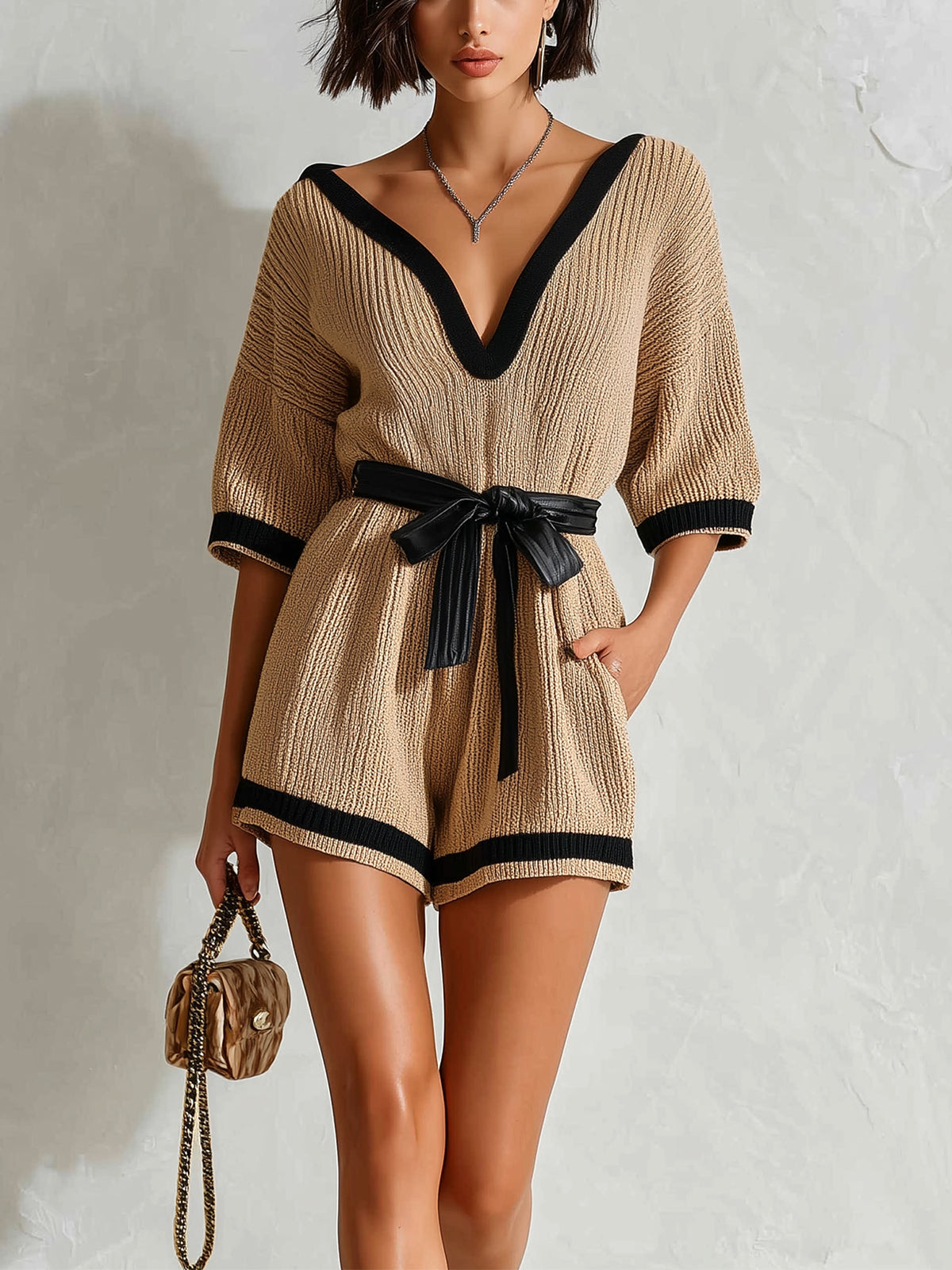 ElevenOra Chic Elegant Camel V-Neck Short-Sleeve Black Trim Detail Belted Waist Ribbed Knit Romper