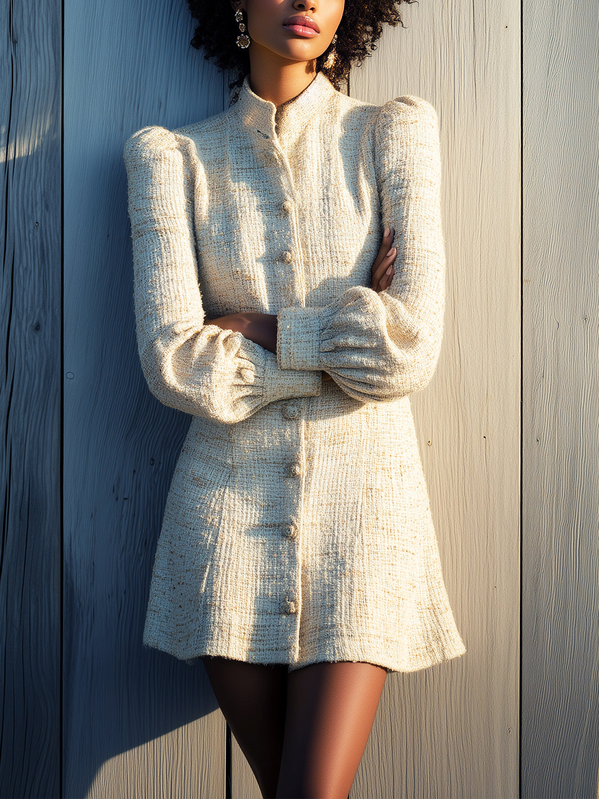 ElevenOra Chic Vintage Cream White Tweed Stand Collar Puff Sleeve Single-Breasted Fitted Mini Dress