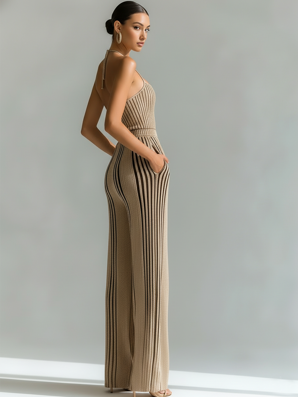 ElevenOra Chic Elegant Beige Slim Fit Sleeveless Camisole Stripes Waist Wide-Leg Pants Knit Two-Piece Set