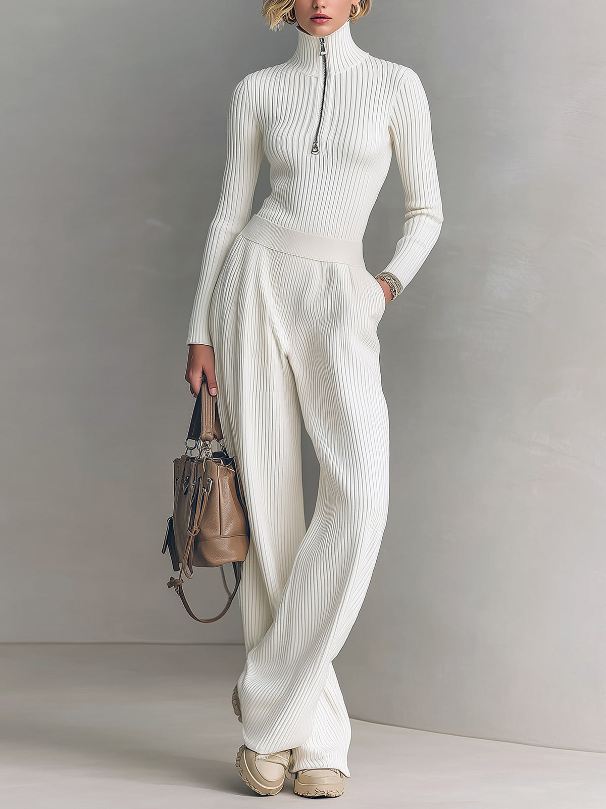 ElevenOra Chic Elegant Zip-up Mock Neck Slim-Fit Sweater Elastic Waist Wide-Leg Pants Knit Two-Piece Set