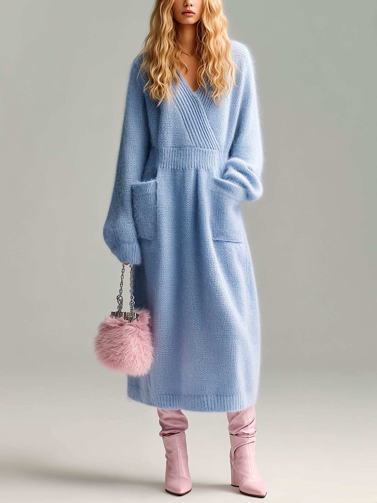 ElevenOra Chic Vintage Blue V-Neck Long Sleeve Patch Pocket Oversized Fuzzy Knit Maxi Dress