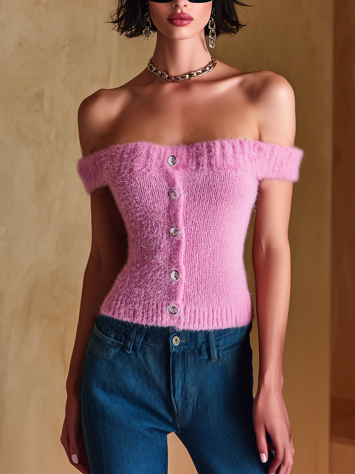 ElevenOra Chic Vintage Pink Off The Shoulder Button-Front Slim-Fit Knit Sweater Top