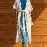 ElevenOra Chic Elegant Cream White Collarless Short-Sleeve Loose-Fit Belted Mohair Knit Long Cardigan