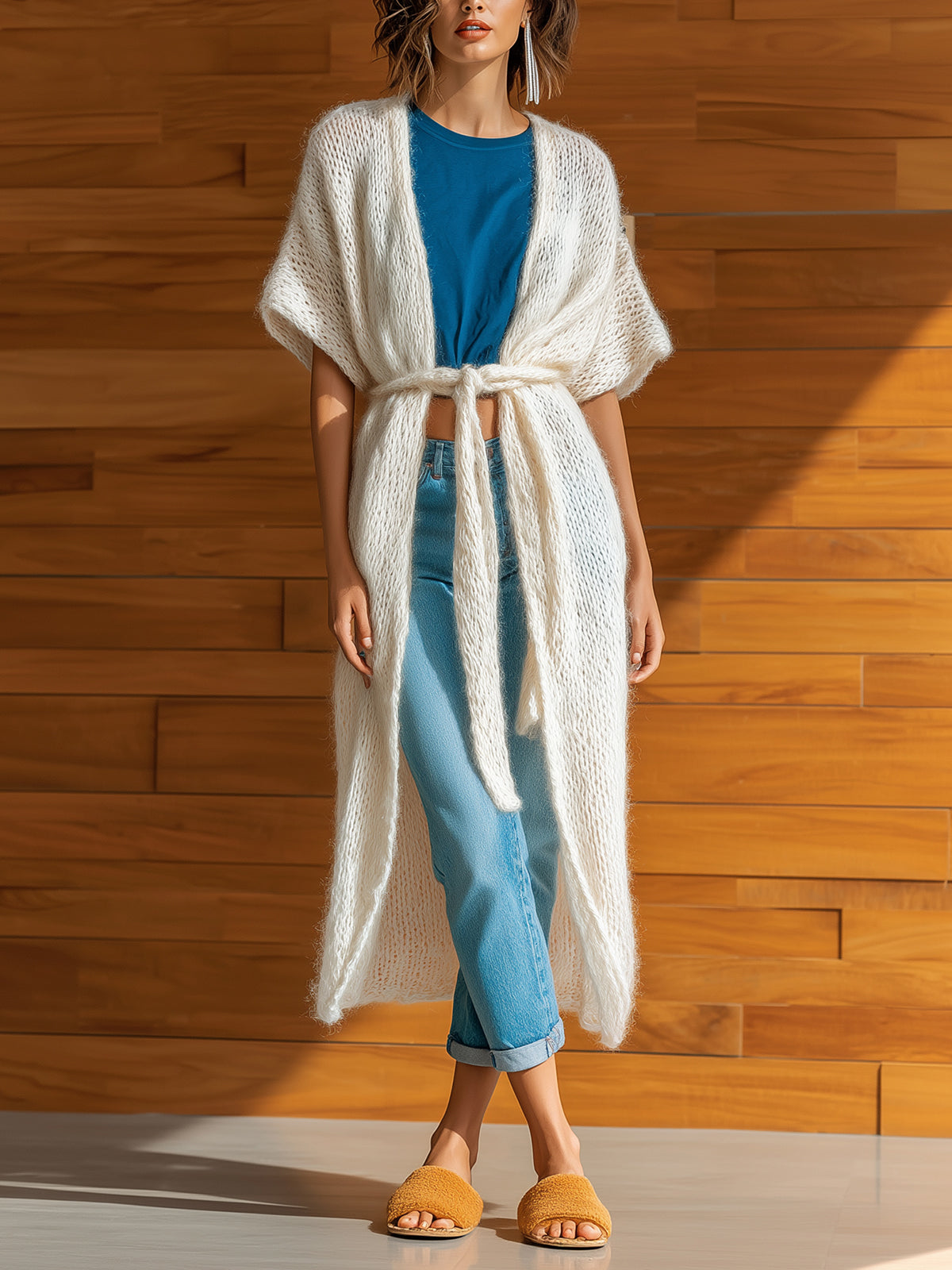 ElevenOra Chic Elegant Cream White Collarless Short-Sleeve Loose-Fit Belted Mohair Knit Long Cardigan