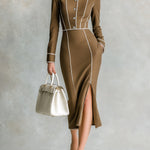 ElevenOra Casual Office Shirt Collar Button Front Piping Detail Fitted Long Sleeve Side Slit Midi Dress