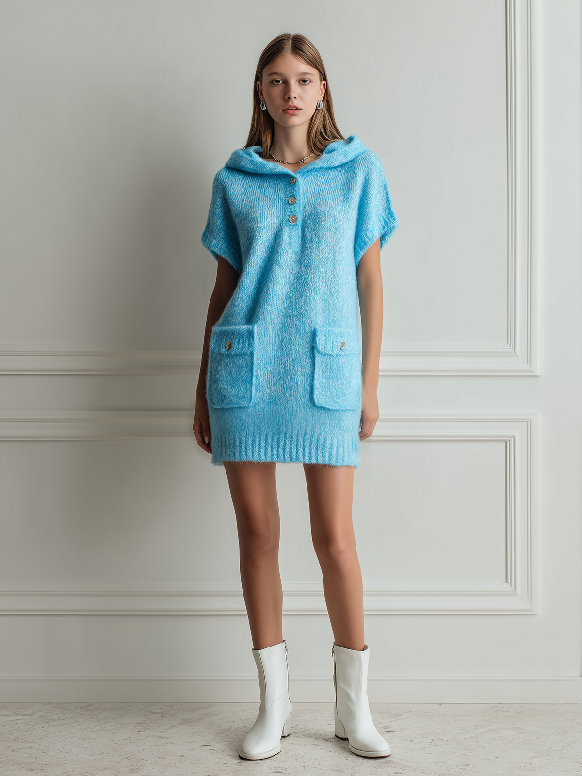 ElevenOra Chic Casual Blue Hooded Botton Oversized Short Sleeve Patch Pocket Knit Mini Dress