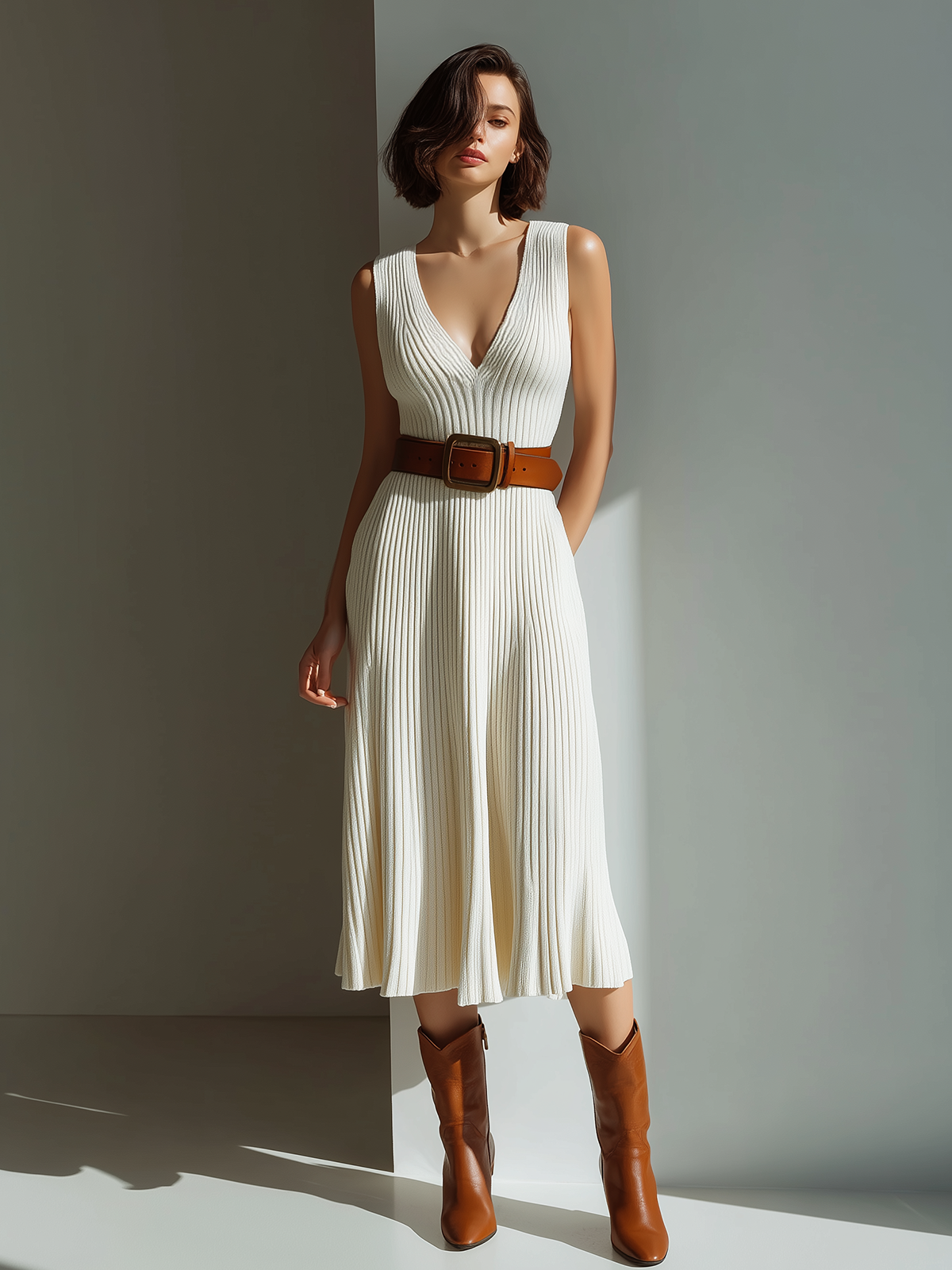 ElevenOra Chic Casual White Deep V-Neck Sleeveless Belted Slim-Fit Ribbed Knit Midi Dress