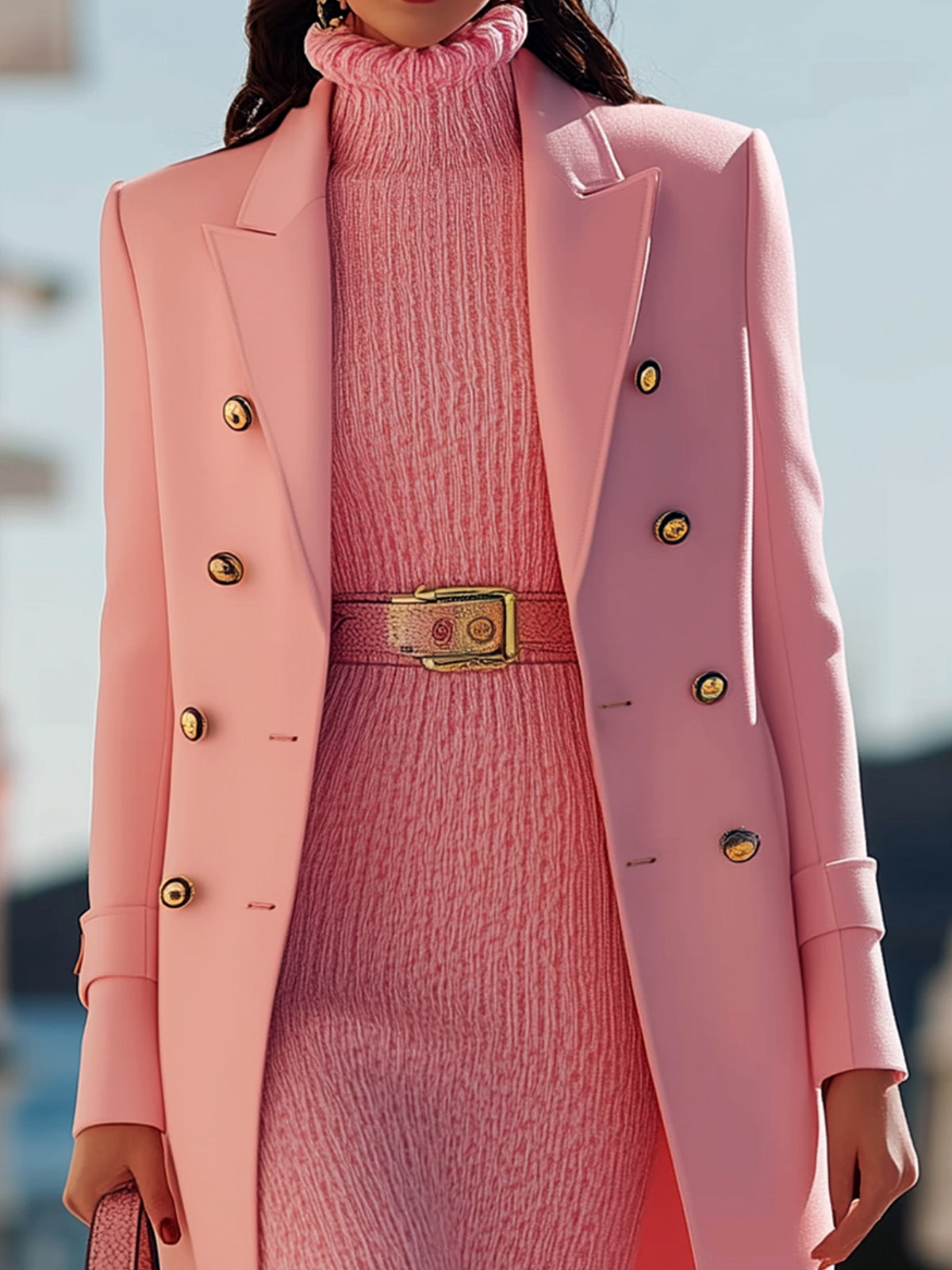 ElevenOra Stylish Pink Wool Blend Peak Lapel Double-breasted Mid-length Coat