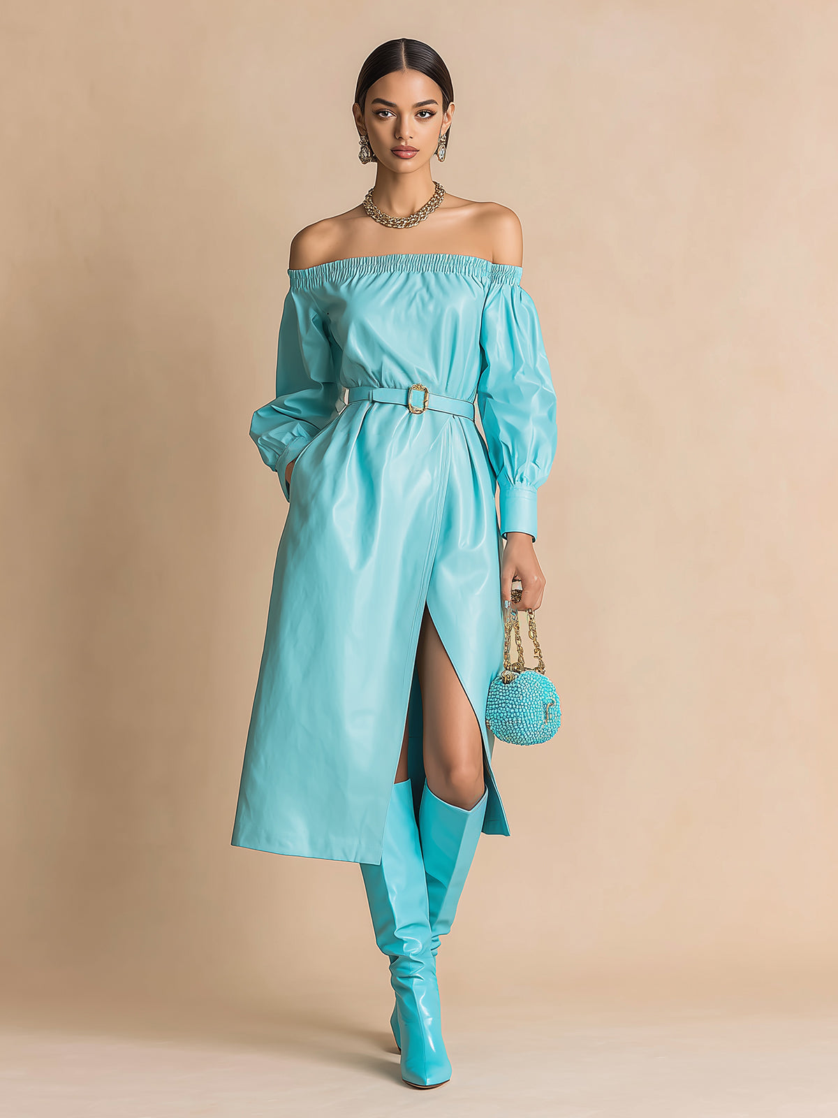 ElevenOra Chic Elegant Blue Faux Leather Off The Shoulder Loose Fit Belted Long Sleeve Slit Midi Dress