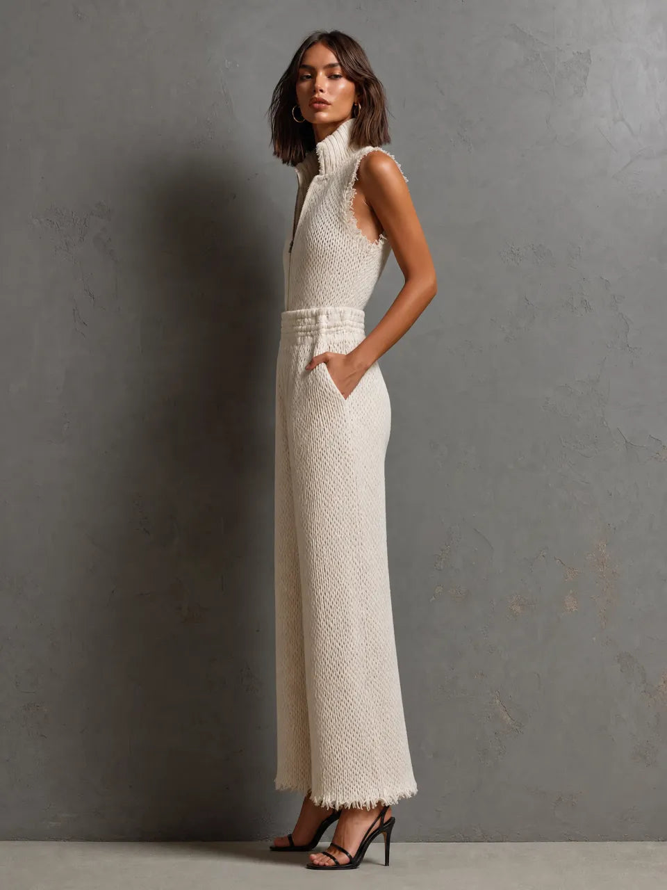 ElevenOra Chic Elegant Cream White Stand Collar Half Zip Frayed Edge Sleeveless Elastic-Waist Loose-Fit Knit Jumpsuit