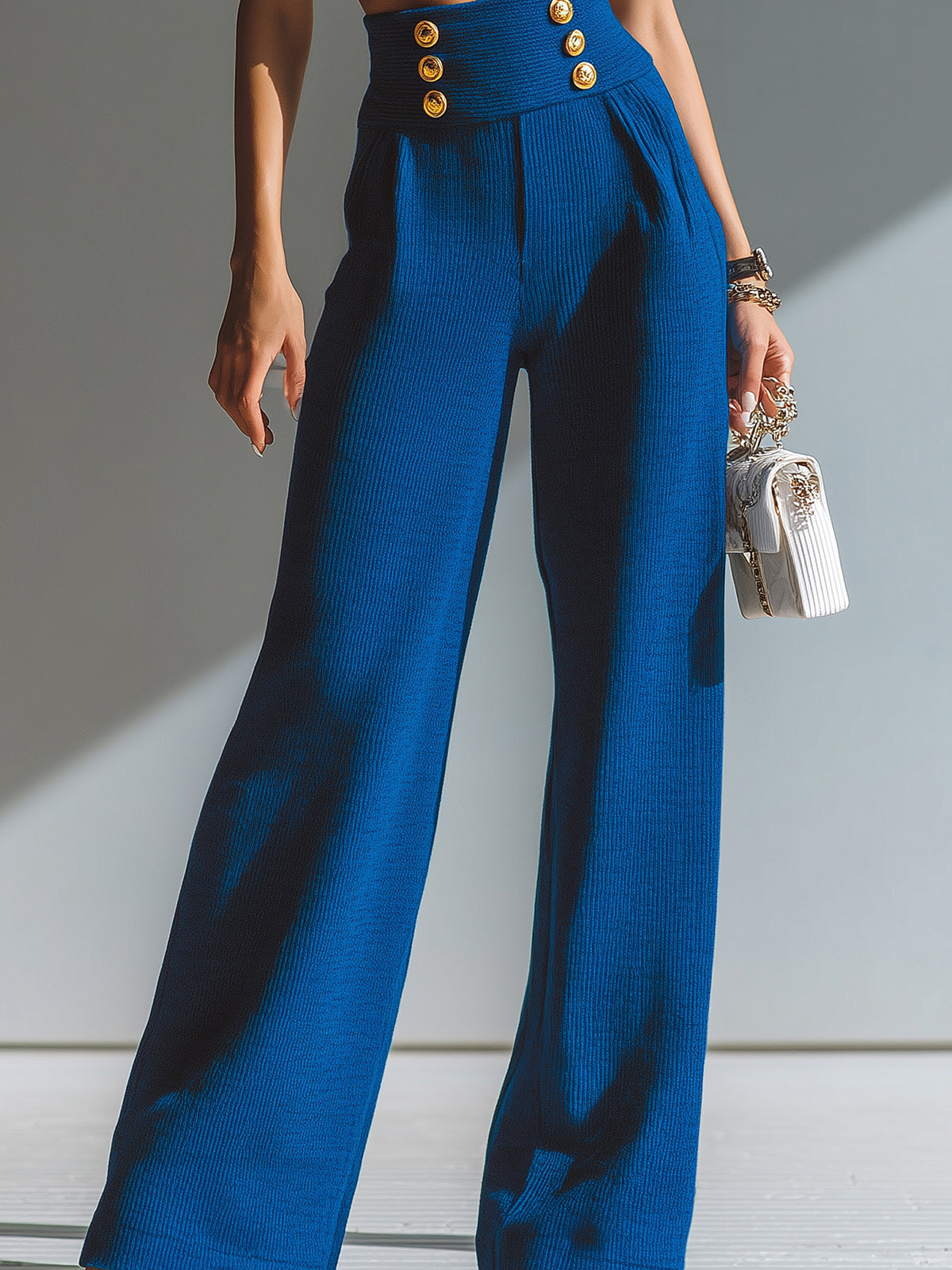 ElevenOra Chic Elegant Royal Blue High Waist Gold Button Details Ribbed Knit Wide-Leg Pants