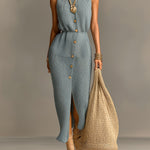 ElevenOra Chic Elegant Haze Blue Round Neck Single-Breasted Sleeveless Loose-Fit Tailored Waist Knit Maxi Dress