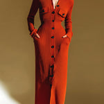 ElevenOra Stylish Solid Color Lapel Single-breasted Slim Fit Knit Maxi Dress