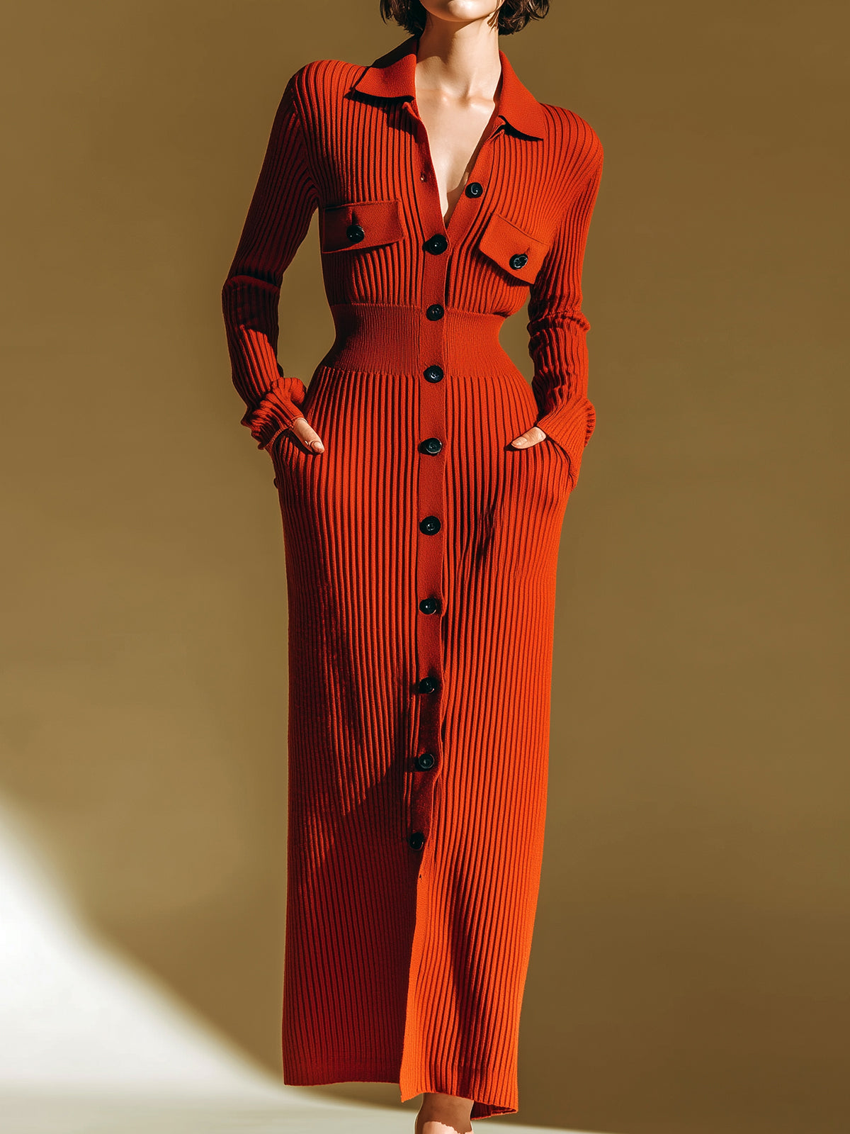 ElevenOra Stylish Solid Color Lapel Single-breasted Slim Fit Knit Maxi Dress