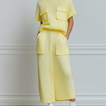 ElevenOra Chic Casual Yellow Turtleneck Oversized Short Sleeve Sweater Patch Pocket Elastic Waist Maxi Skirt Button Knit Two-Piece Set