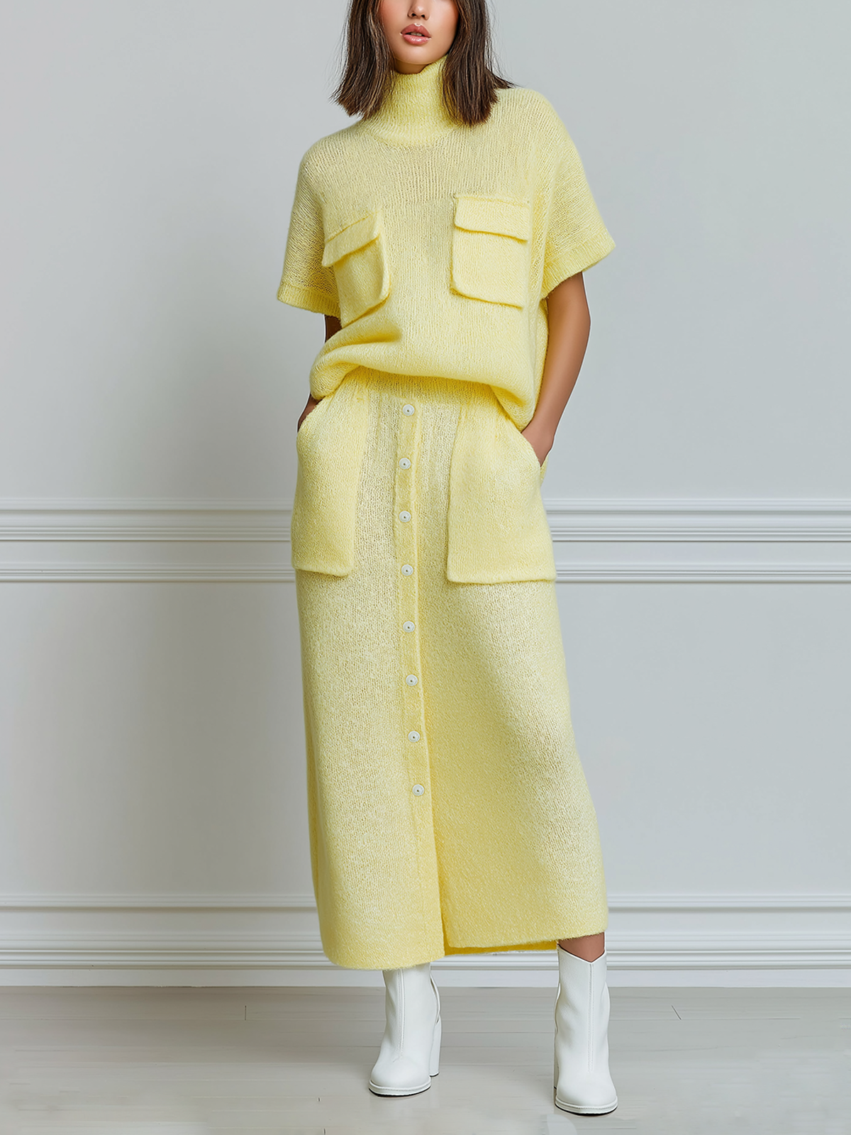 ElevenOra Chic Casual Yellow Turtleneck Oversized Short Sleeve Sweater Patch Pocket Elastic Waist Maxi Skirt Button Knit Two-Piece Set