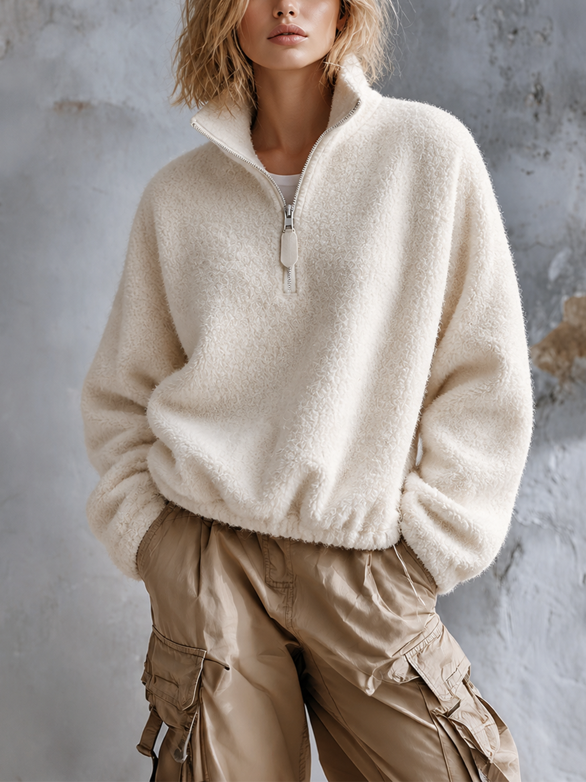 ElevenOra Chic Casual Off White Stand Collar Half‑Zip Dropped-Shoulder Long-Sleeve Elastic Hem Loose-Fit Sherpa Fleece Sweatshirt