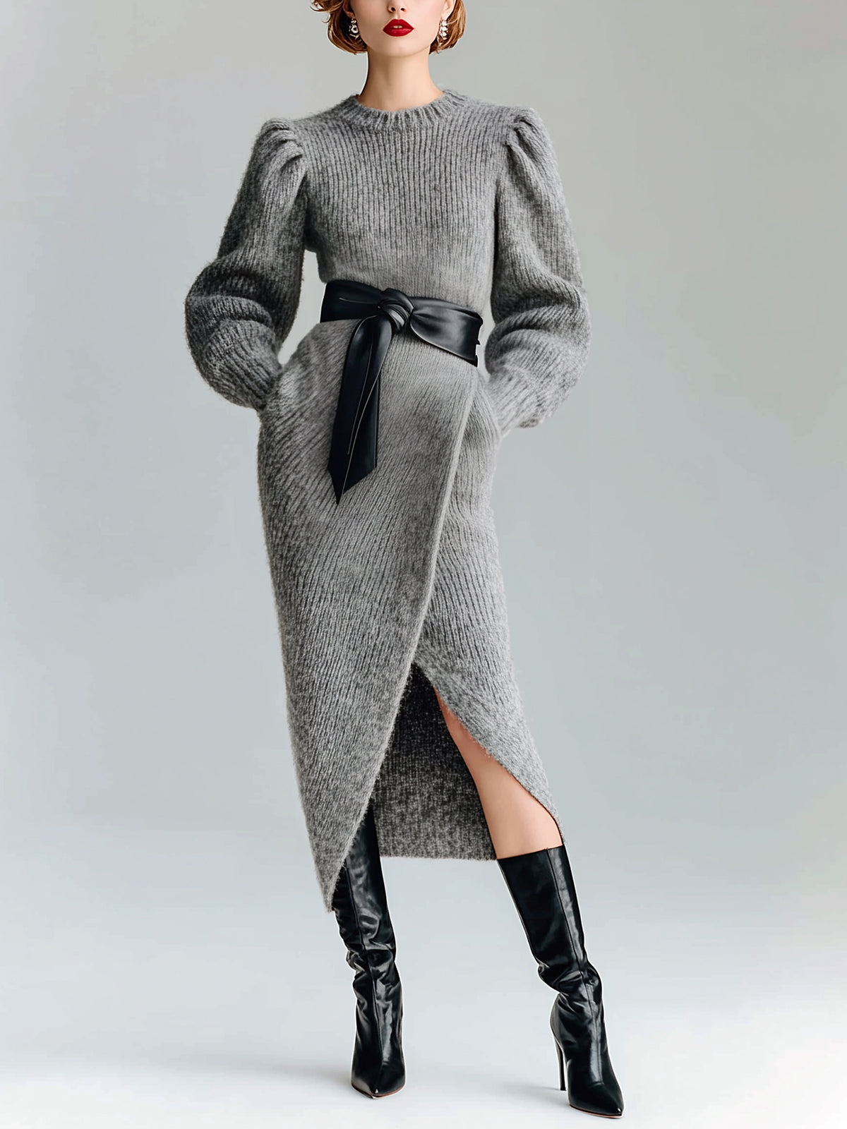 ElevenOra Chic Elegant Crew Neck Puff Long-sleeve Belted Side Slit Knit Midi Dress