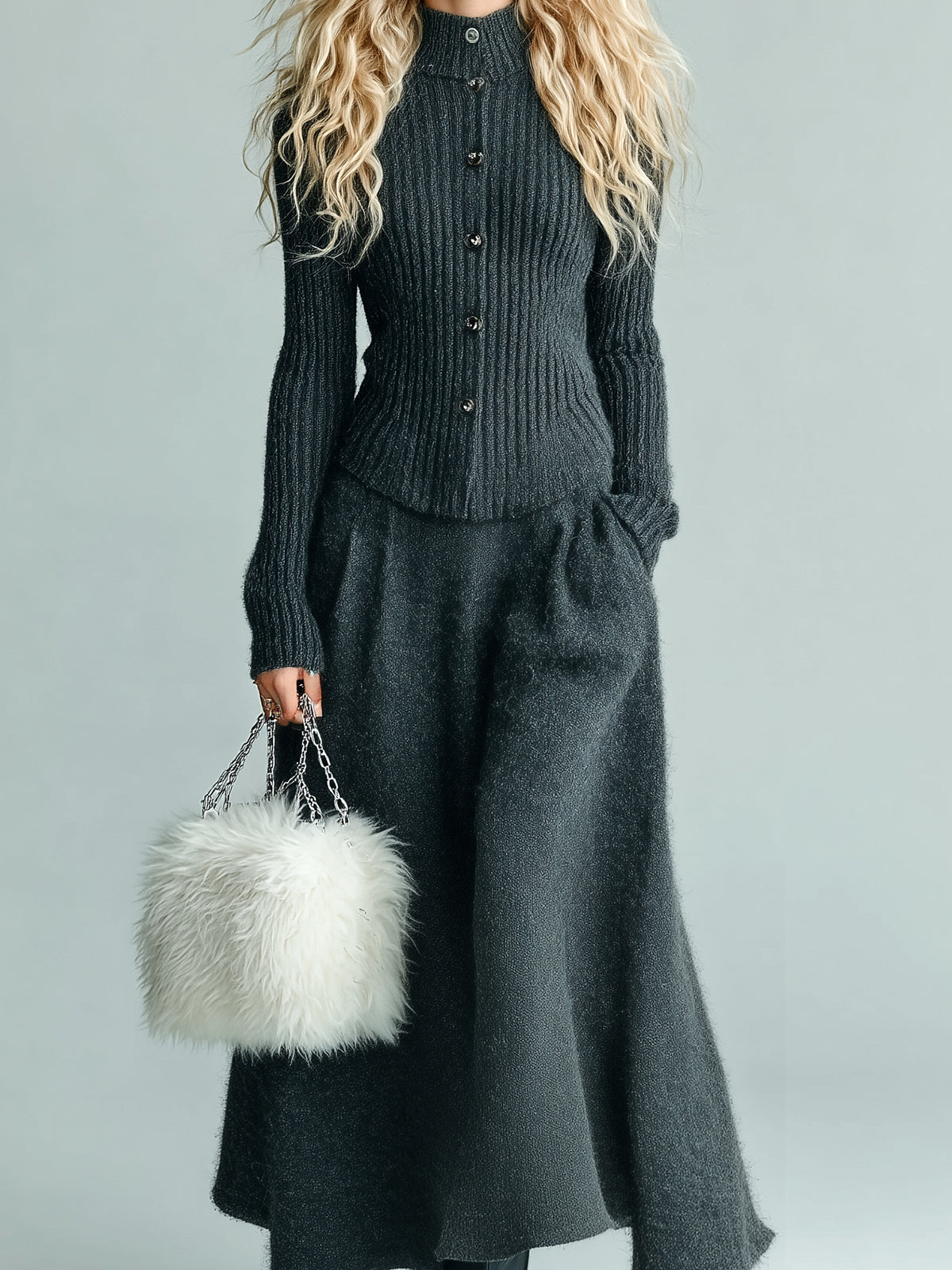 ElevenOra Chic Elegant Dark Gray Mock Neck Single-Breasted Long Sleeve Slim Fit Ribbed Cardigan Flared Maxi Skirt Knit Two-Piece Set