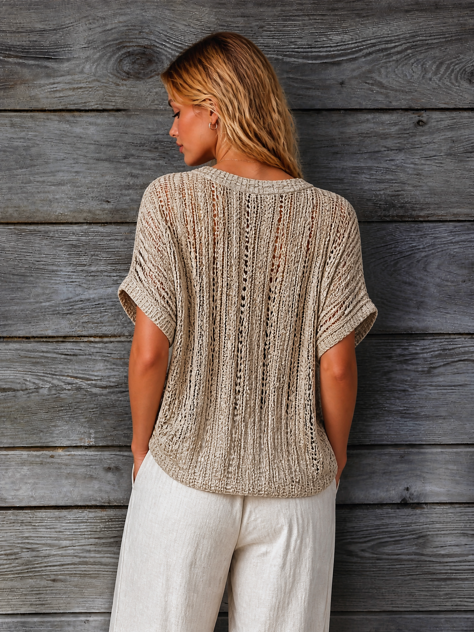 ElevenOra Chic Elegant Sand Beige V-Neck Batwing Short Sleeve Loose-Fit Hollow-Out Knit Sweater Top