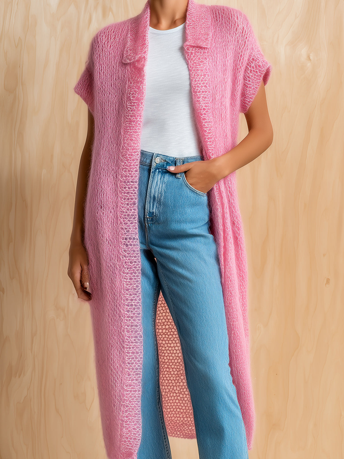 ElevenOra Chic Elegant Pink Lapel Collar Short-Sleeve Loose-Fit Mohair Knit Long Cardigan