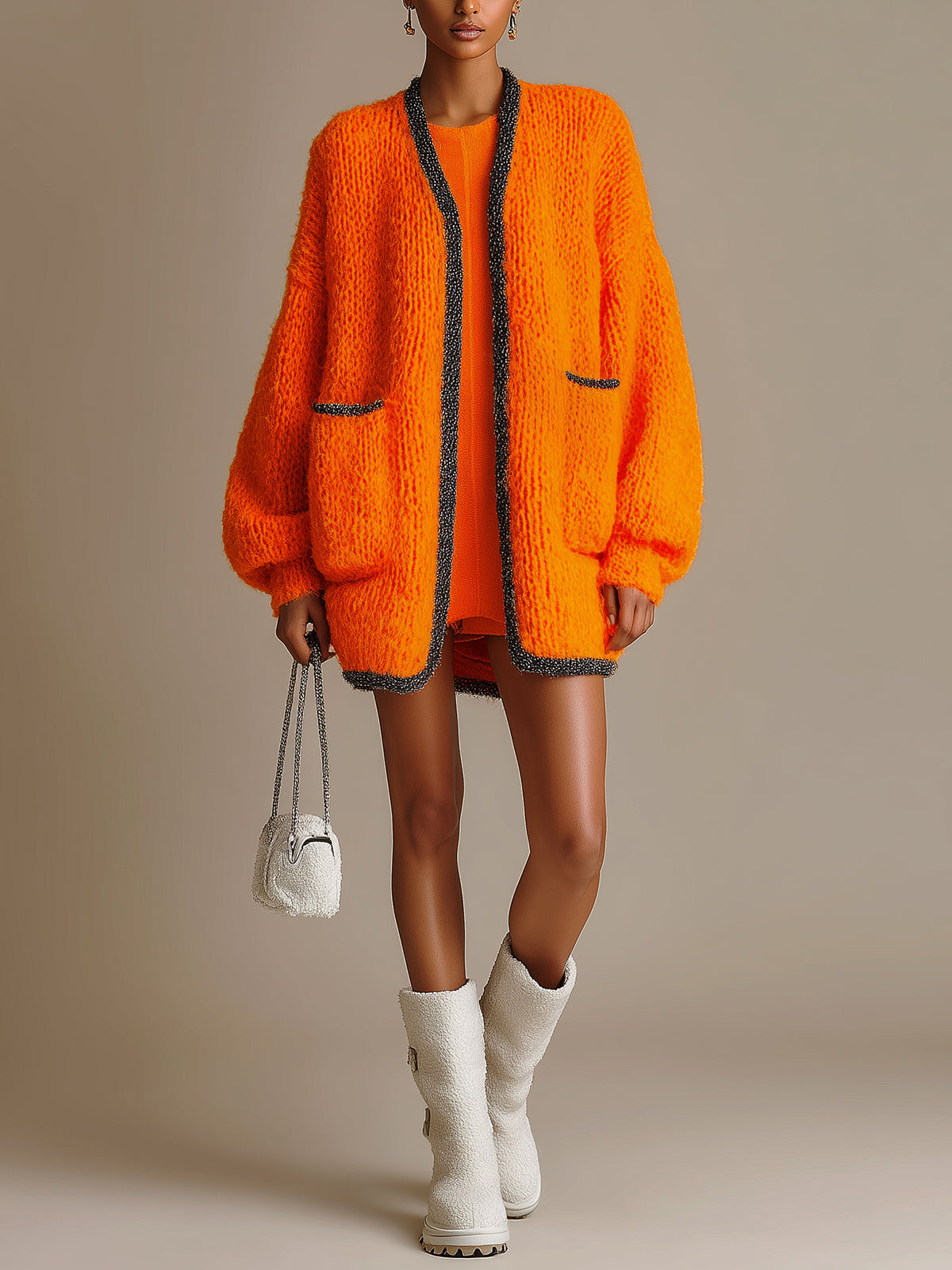 ElevenOra Chic Casual Orange Contrast Trim Patch Pockets Oversized Mid-Length Knit Cardigan