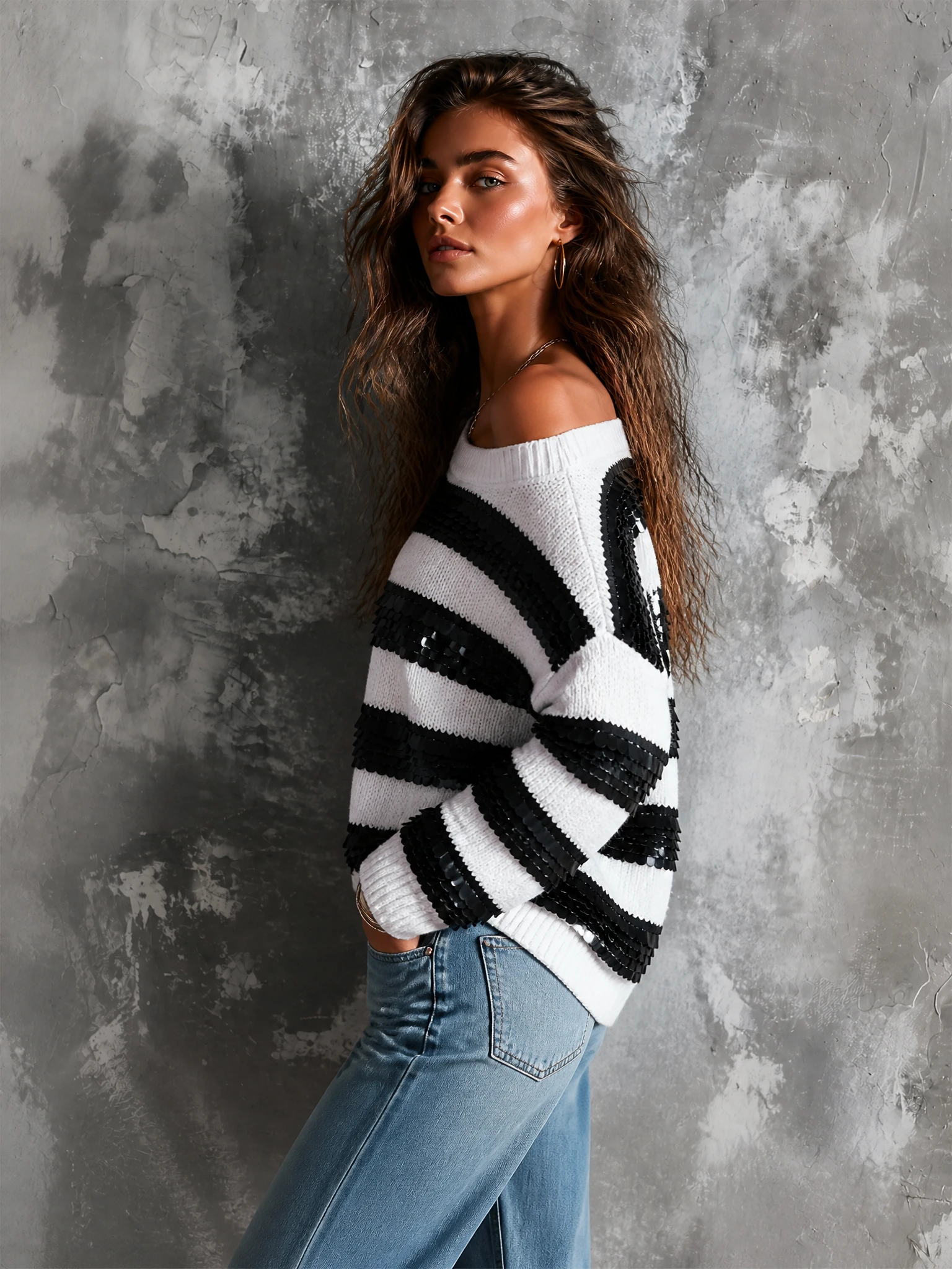 ElevenOra Chic Casual Black-White Stripes Off Shoulder Sequin Accent Dropped-Shoulder Long-Sleeve Loose-Fit Knit Sweater
