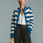 ElevenOra Fashion Casual Blue And White Striped Cardigan Long-Sleeved Loose Soft Knitted Cardigan