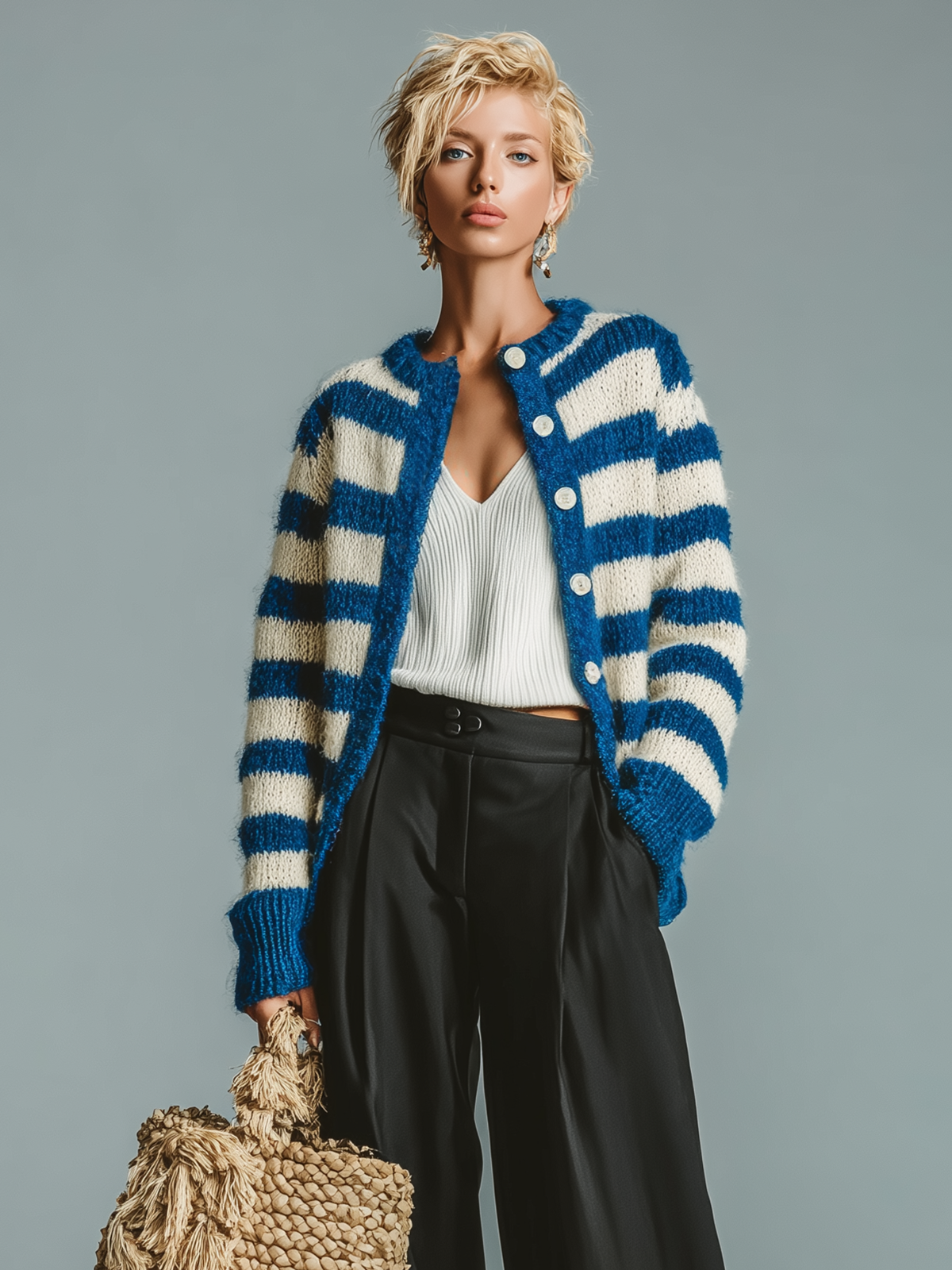 ElevenOra Fashion Casual Blue And White Striped Cardigan Long-Sleeved Loose Soft Knitted Cardigan