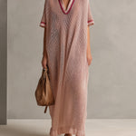 ElevenOra Chic Elegant Pink Lapel V-Neck Short-Sleeve Contrast Trim Detail Hollow Out Oversize Knit Maxi Dress