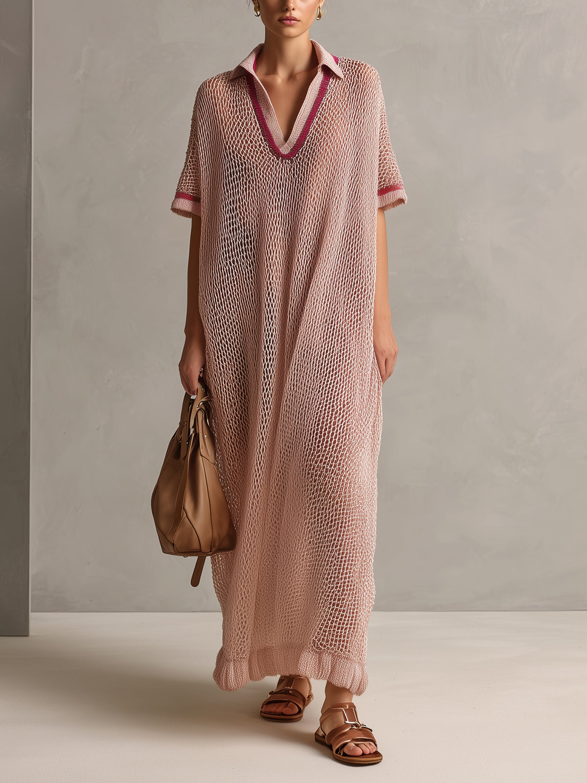 ElevenOra Chic Elegant Pink Lapel V-Neck Short-Sleeve Contrast Trim Detail Hollow Out Oversize Knit Maxi Dress