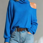 ElevenOra Casual Chic Turtleneck One-Shoulder Cutout Long-Sleeve Knitted Slouchy Sweater