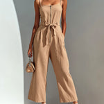 ElevenOra Chic Casual Camel Cotton-Linen Blend Strappy Sleeveless Zipper-Front Tie-Waist Wide-Leg Cropped Jumpsuit