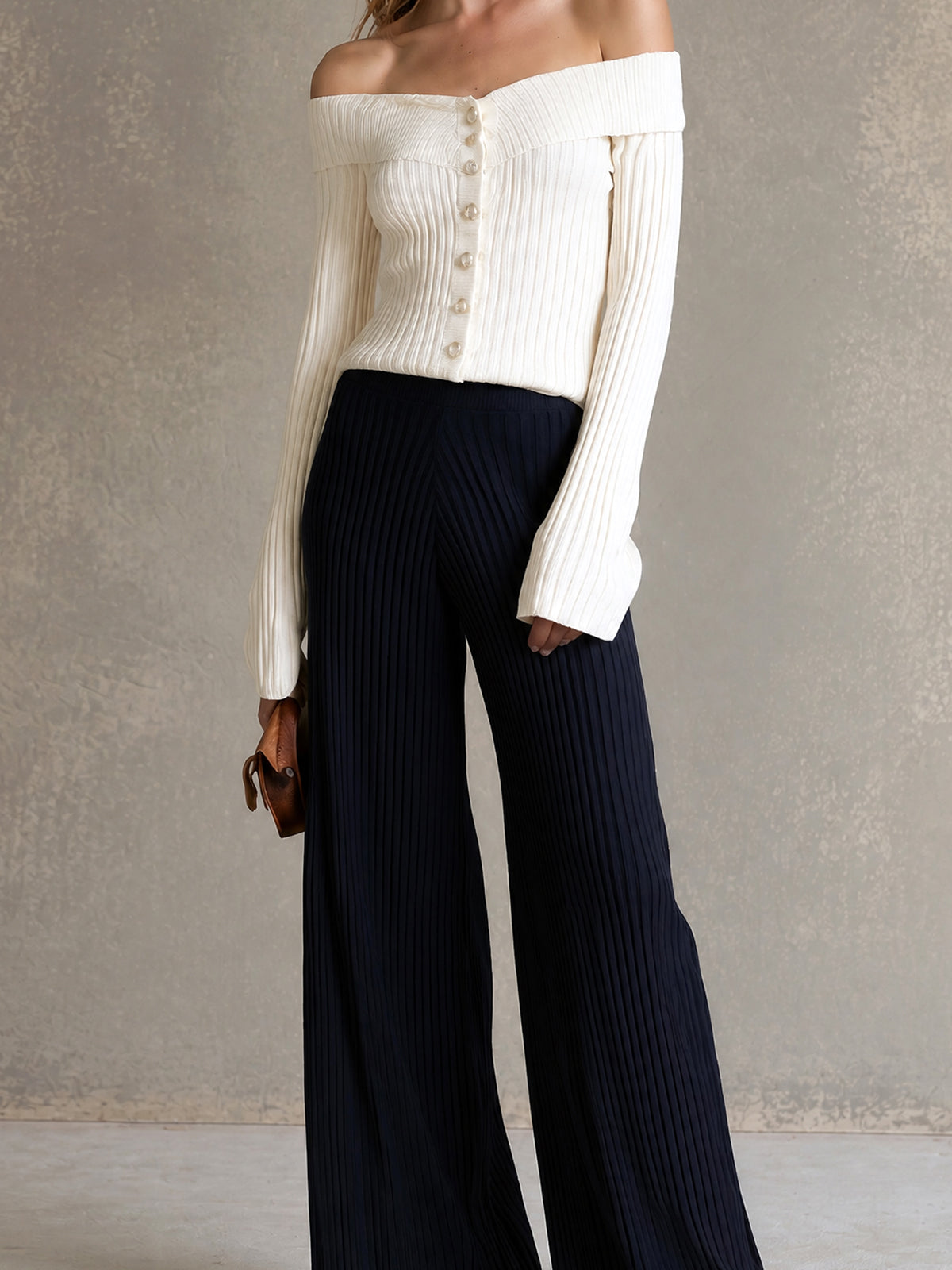 ElevenOra Chic Elegant Beige Off-The-Shoulder Long-Flare-Sleeve Single-Breasted Cardigan Top Navy Blue Wide-Leg Pants Ribbed Knit Two-Piece Set