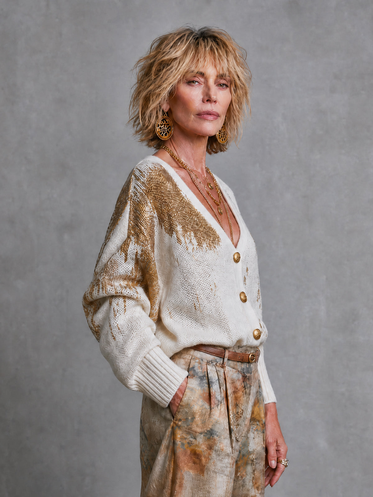 ElevenOra Chic White-Gold Color-Blocked  V-Neck Long Sleeved Single-Breasted Loose-Fit  Knit Cardigan Top