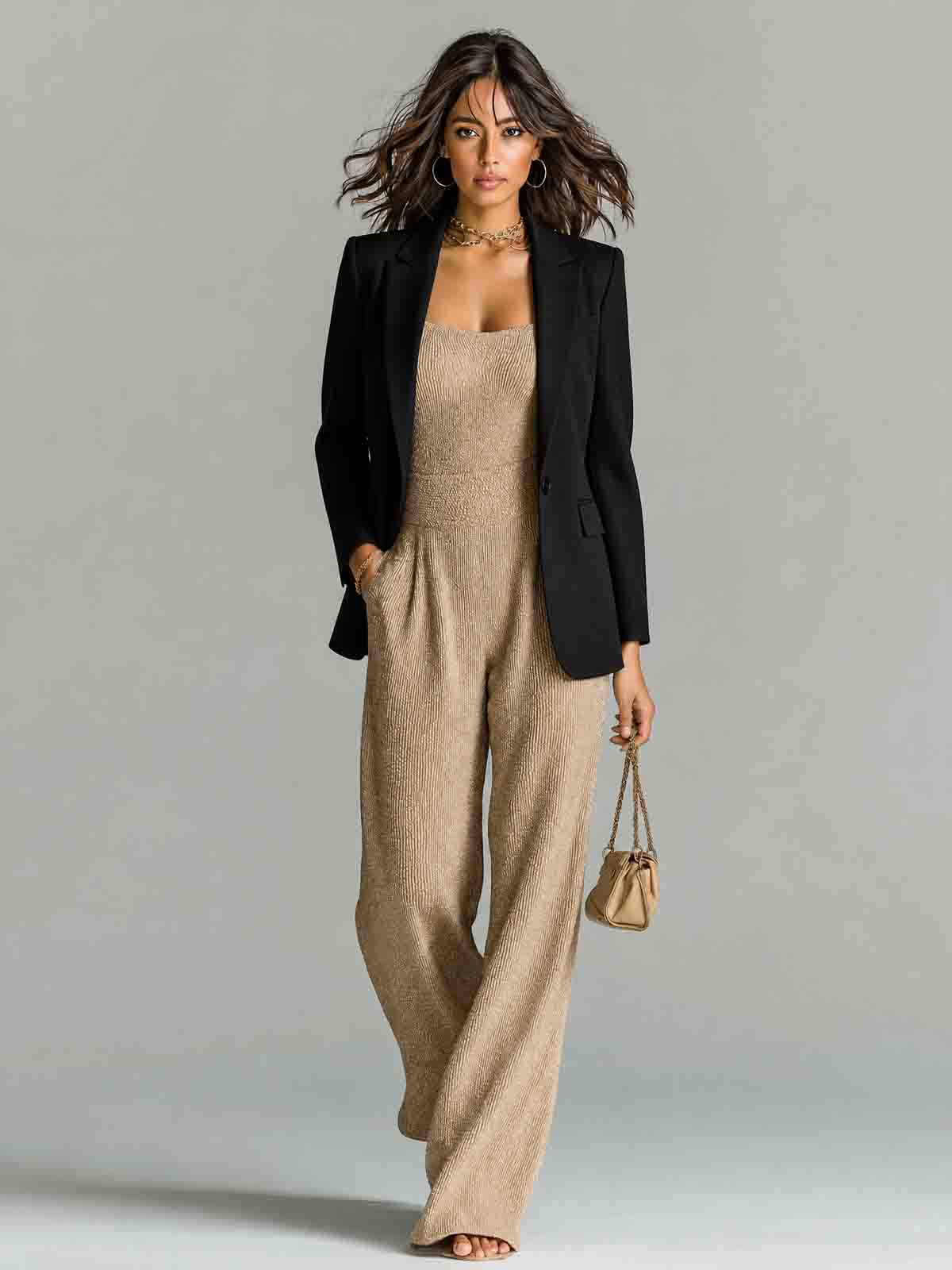 ElevenOra Chic Casual Camel Strappy Sleeveless Tailored Waist Wide Leg Ribbed Knit Jumpsuit