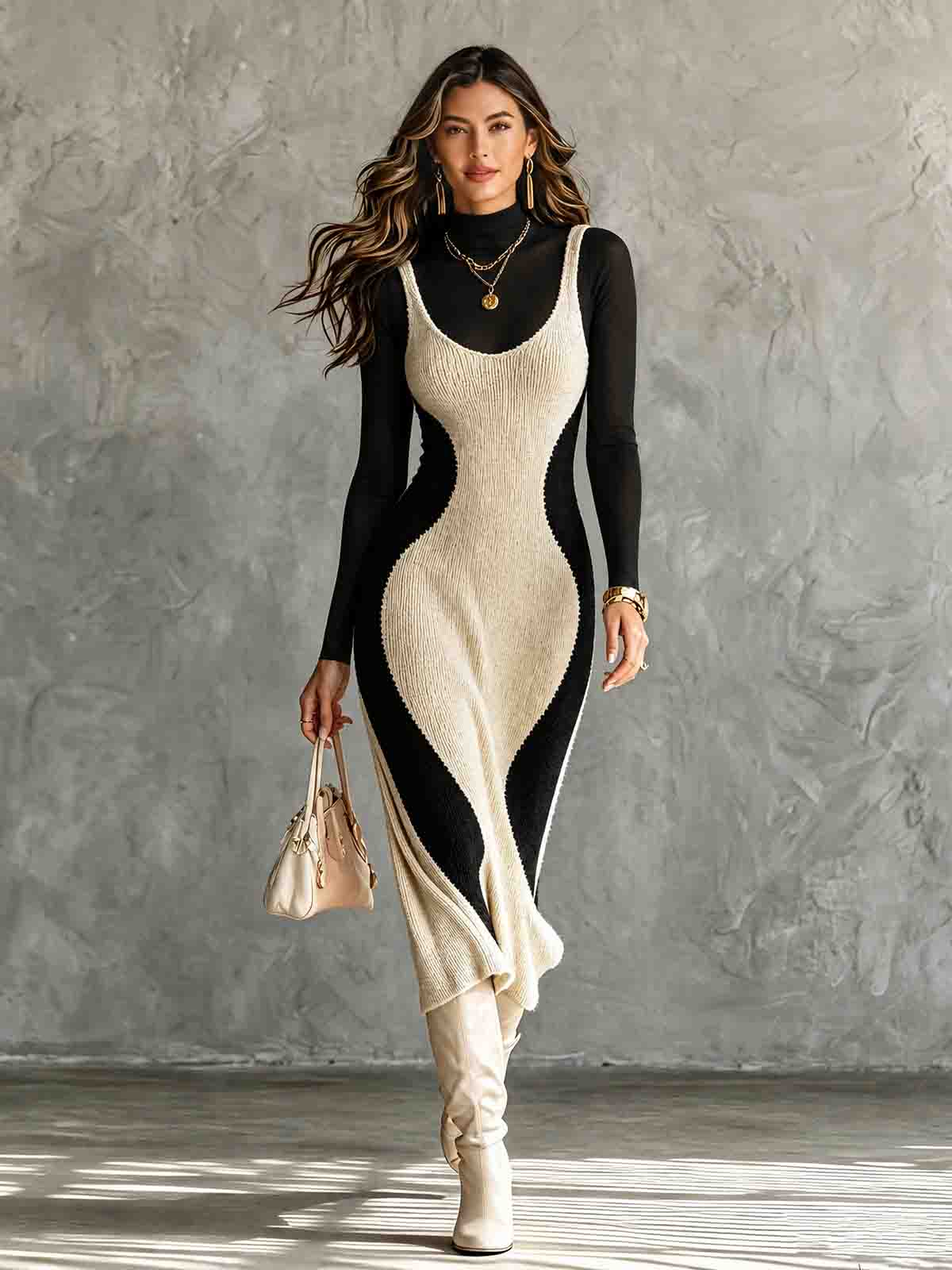 ElevenOra Chic Elegant Beige-Black Colorblock U-Neck Sleeveless  Slim-Fit Soft Knit Midi Dress