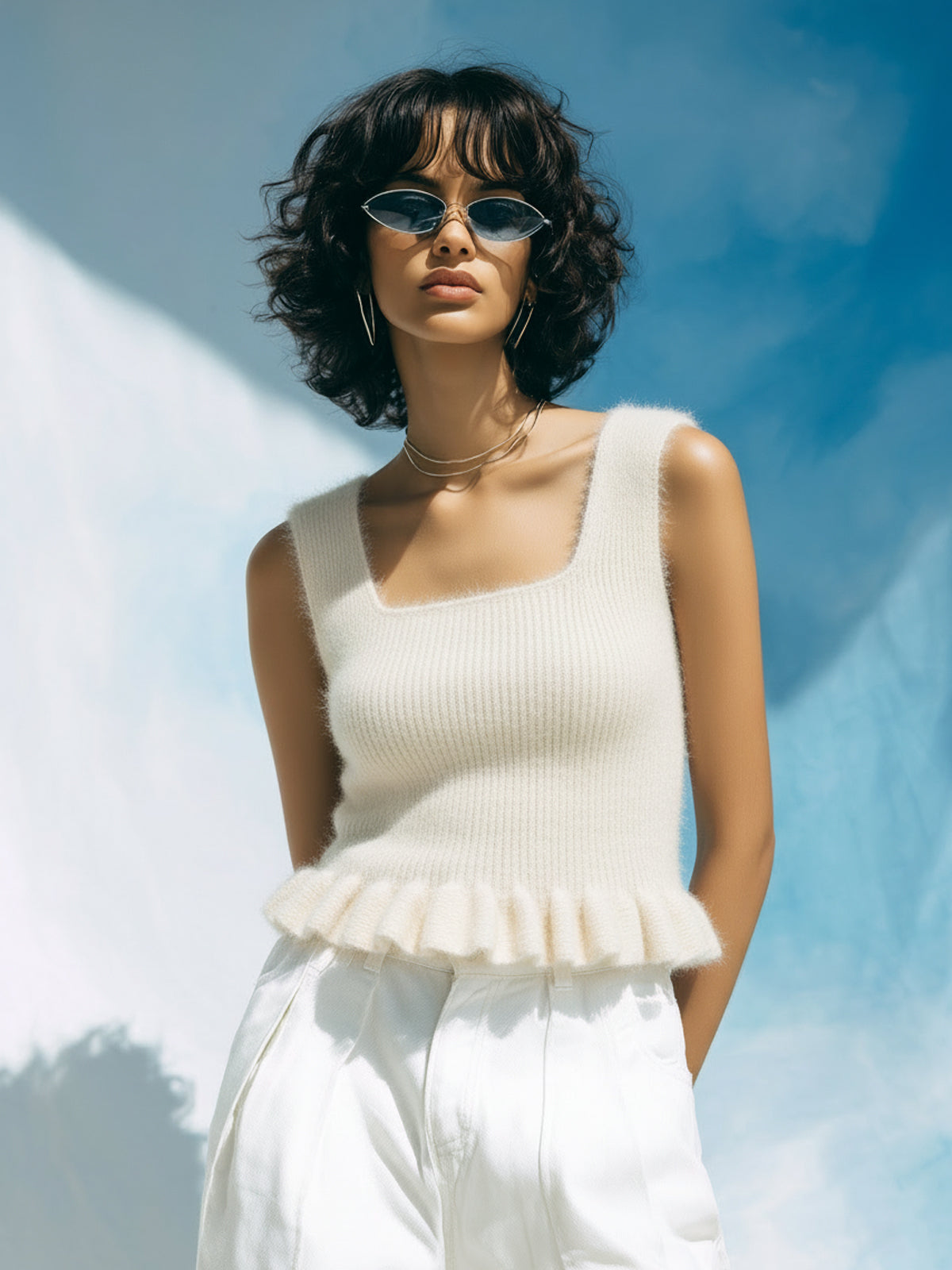 ElevenOra Chic Casual Blue Square Neck Sleeveless Pleated Hem Slim-Fit Ribbed Fuzzy Knit Tank Top