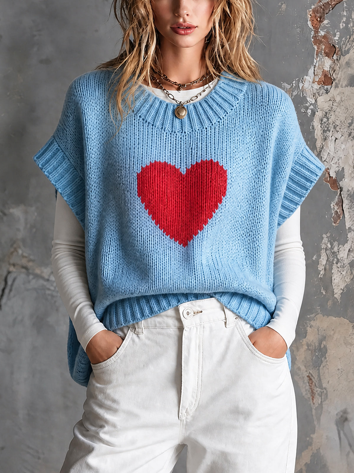 ElevenOra Chic Casual Light Blue Round-Neck Red Heart Jacquard Short-Sleeve Loose-Fit Knit Sweater Top