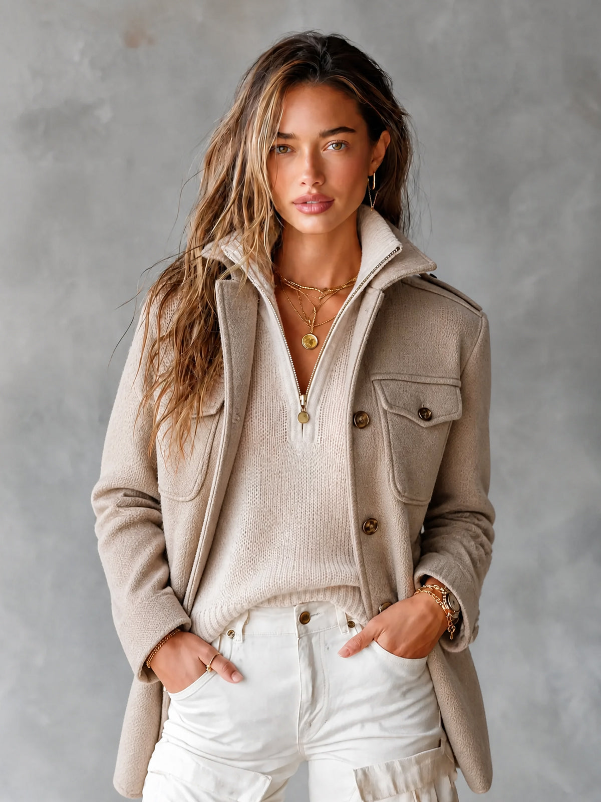 ElevenOra Chic Elegant Beige Half-Zipper Collar Long-Sleeve Loose-Fit Breathable Knit Sweater Top
