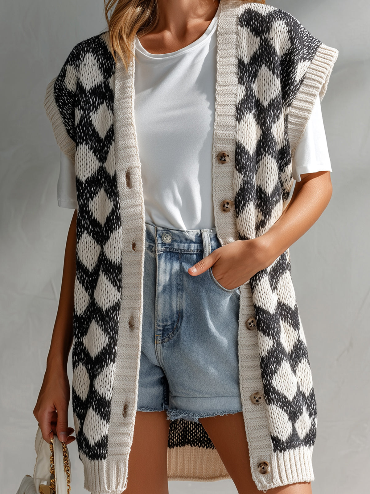 ElevenOra Chic Casual Black-Beige Geometric Jacquard V-Neck Single-Breasted Sleeveless Oversize Knit Vest