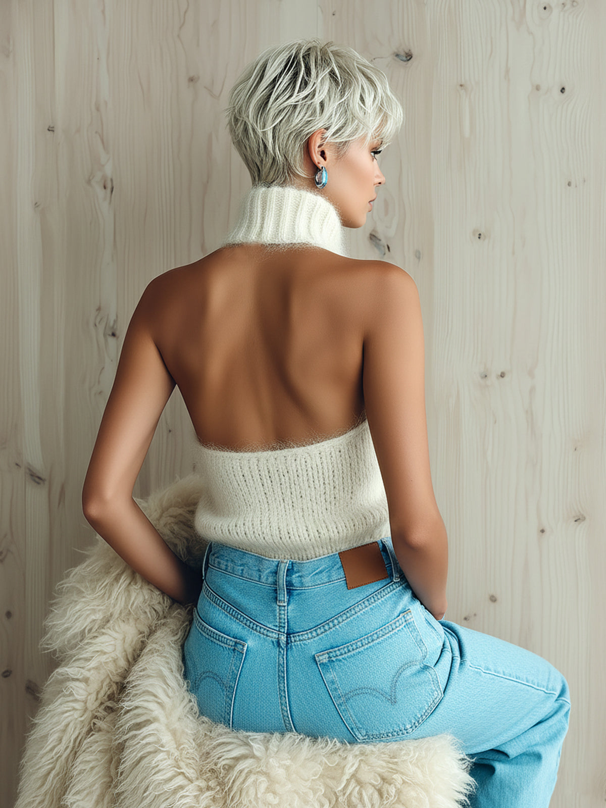 ElevenOra Chic Vintage White Halter Turtleneck Sleeveless Fuzzy Knit Vest Top
