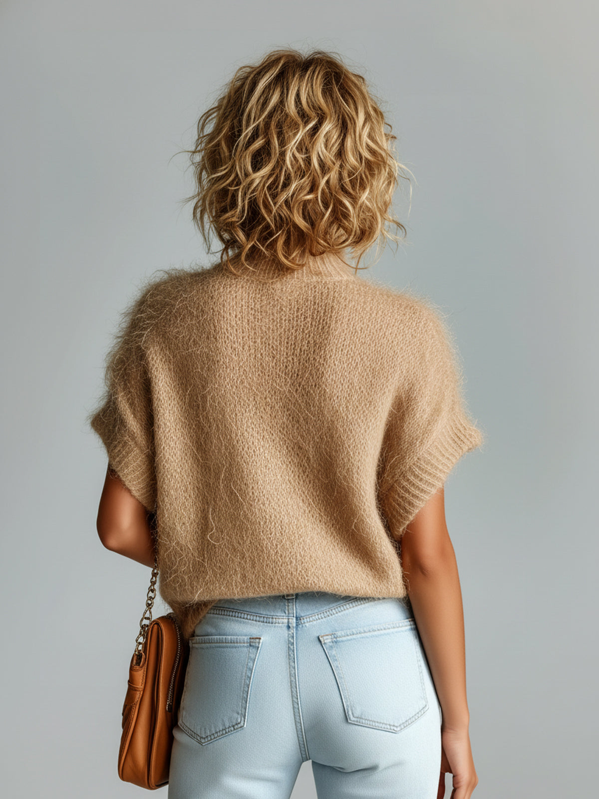 ElevenOra Chic Vintage Camel Mock Neck Short Sleeve Loose Fuzzy Mohair Knit Sweater Top