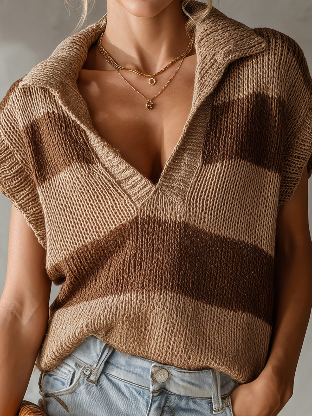 ElevenOra Chic Casual Camel-Brown Stripes Lapel V-Neck Loose-ft Knit Vest Top