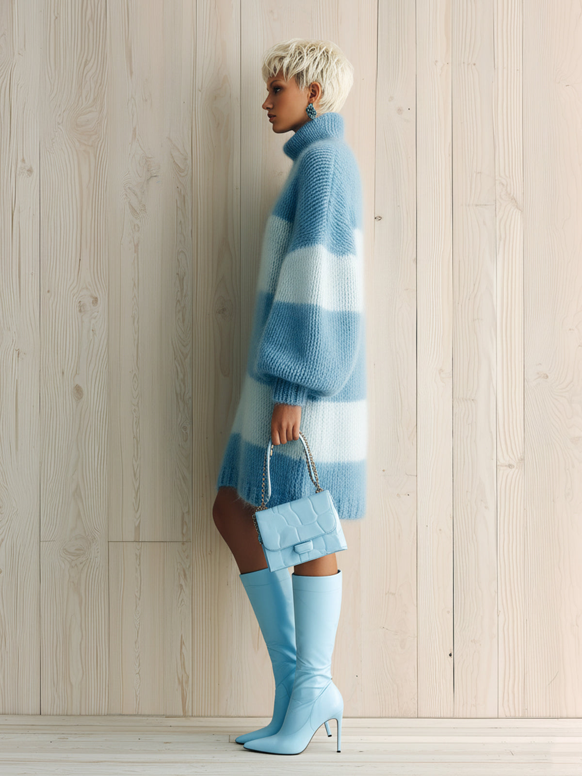 ElevenOra Chic Elegant Contrast Blue Stripes Turtleneck Long Lantern Sleeve Oversized Fuzzy Knit Mini Dress