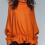 ElevenOra Chic Casual Orange Turtleneck Batwing Sleeve Ruffled Hem Oversized Knit Top