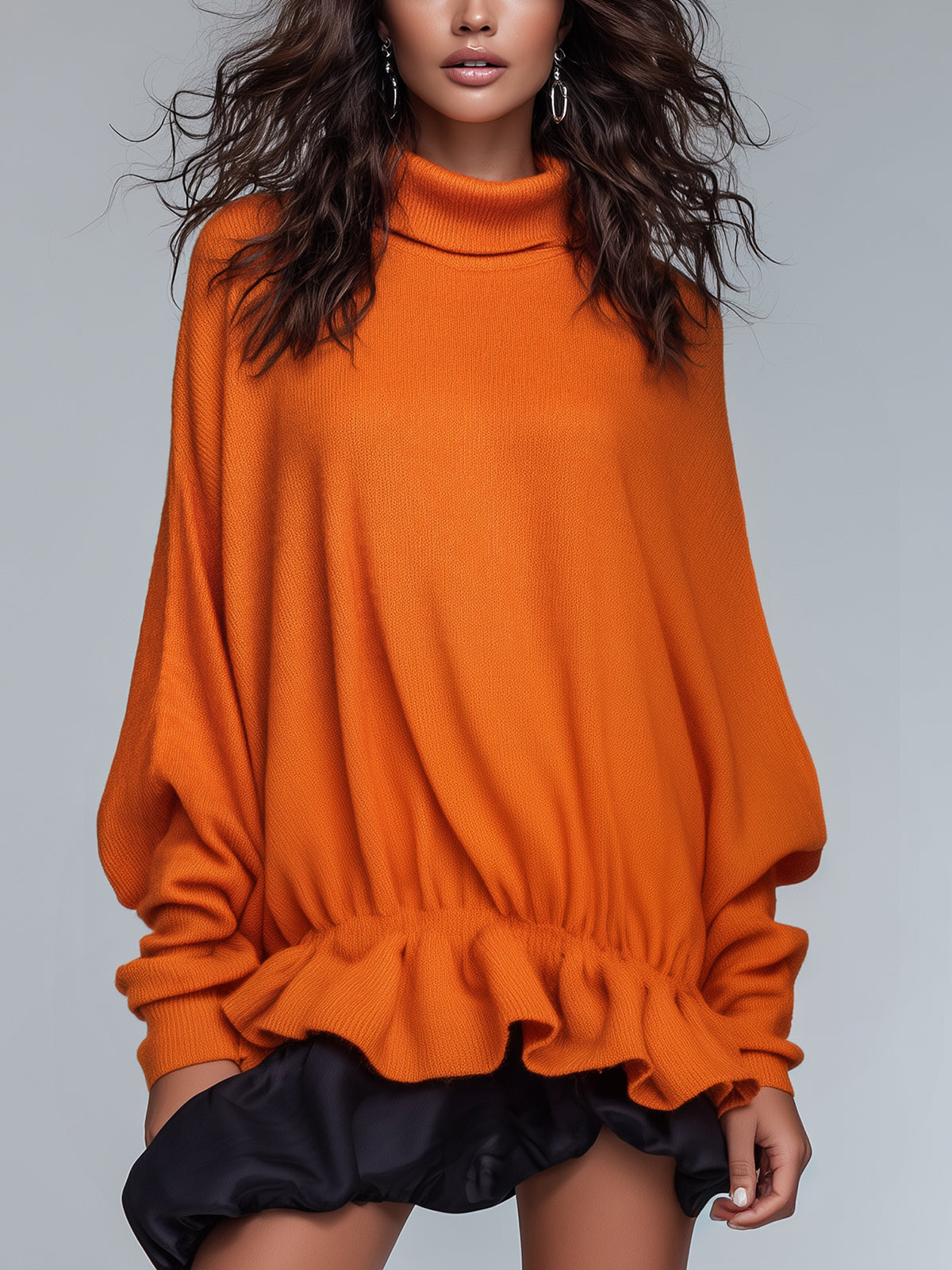 ElevenOra Chic Casual Orange Turtleneck Batwing Sleeve Ruffled Hem Oversized Knit Top