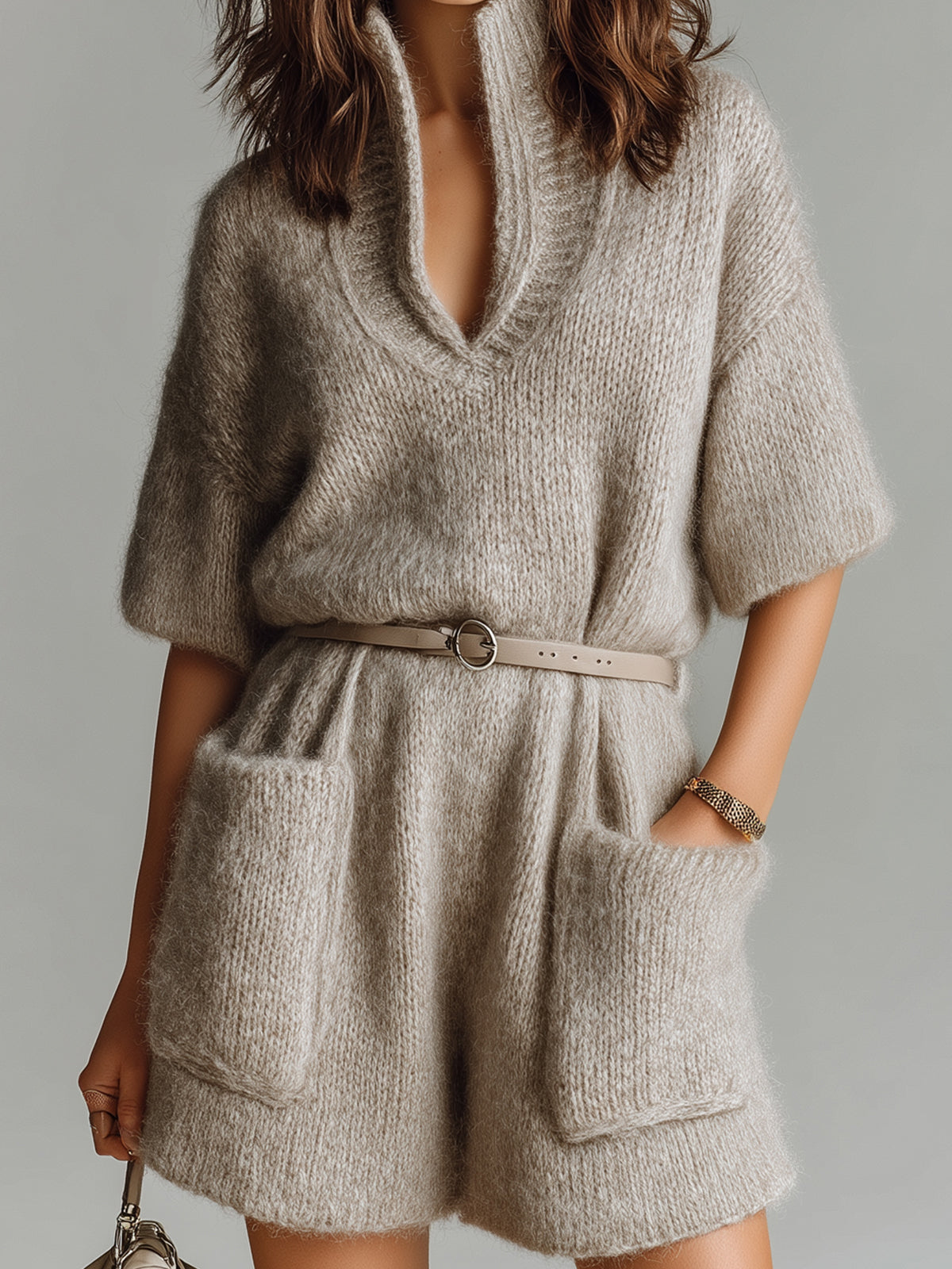 ElevenOra Chic Casual Light Brown Stand Collar V-Neck Short Sleeve Belted Patch Pockets Oversize Fuzzy Knit Romper