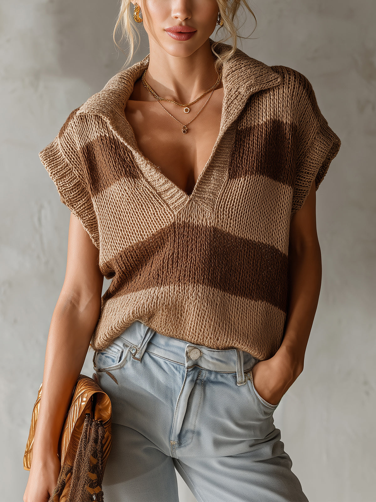 ElevenOra Chic Casual Camel-Brown Stripes Lapel V-Neck Loose-ft Knit Vest Top