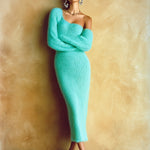ElevenOra Stylish Solid Color Mohair One-Shoulder Long Lantern Sleeve Bodycon Knit Maxi Dress